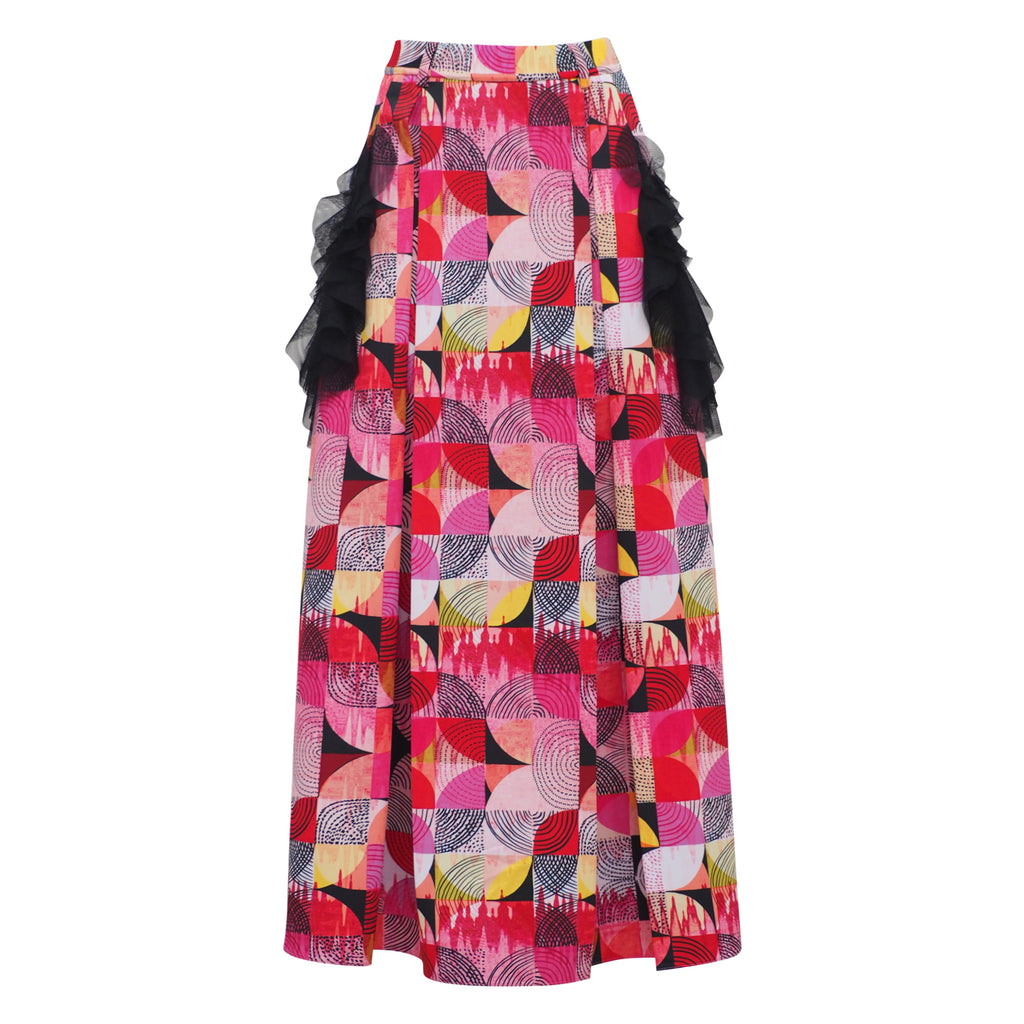 Central Abstract Red kahlo fancy long ball skirt (6978507735063)