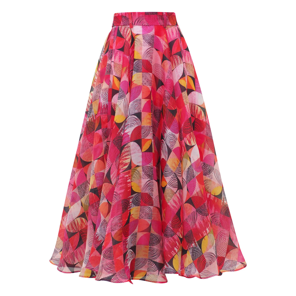 Central Abstract Red organza long skirt (6978508587031)