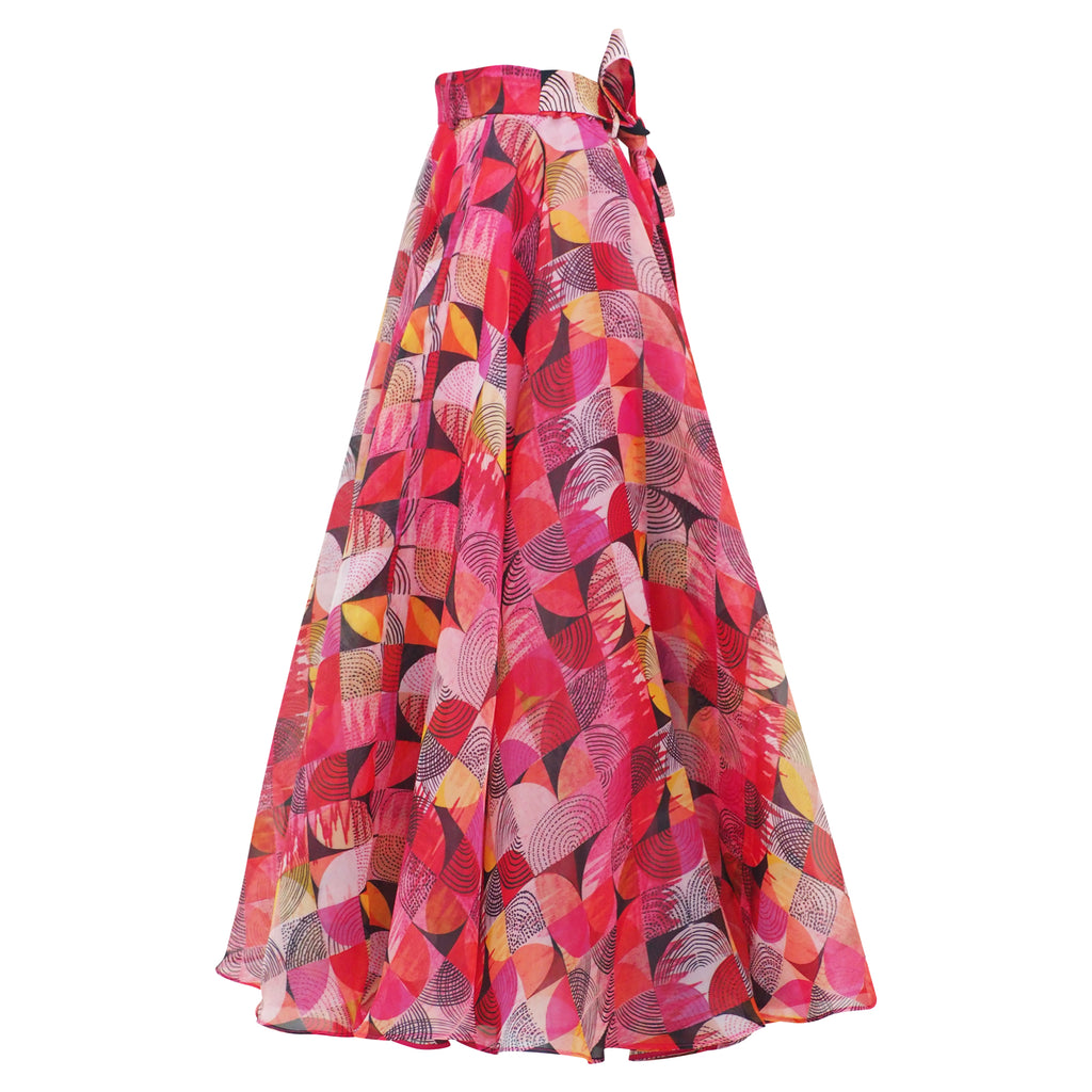 Central Abstract Red organza long skirt (6978508587031)