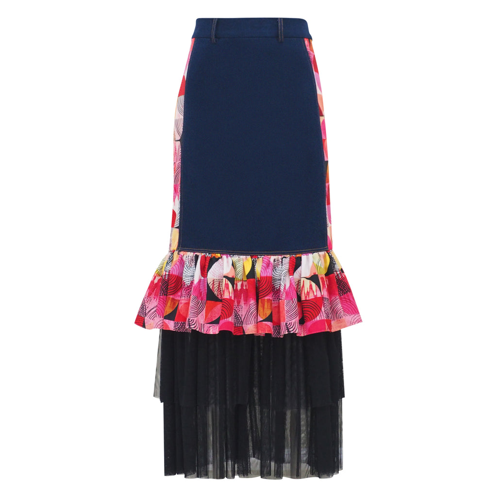 Central Abstract Red carrie long denim skirt (6978911666199)