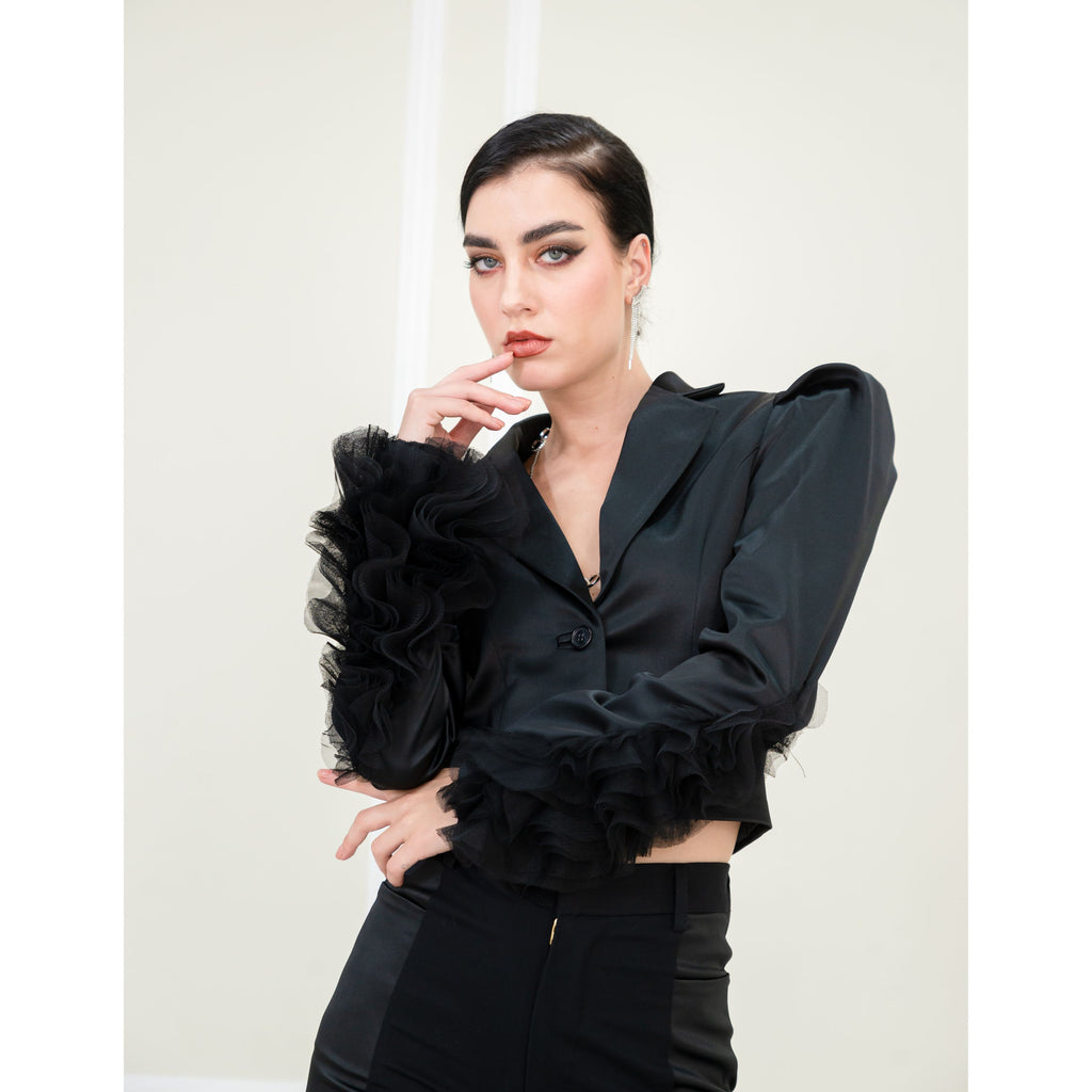 Agnez Cropped Black Jacket With Tulle (6878923849751)