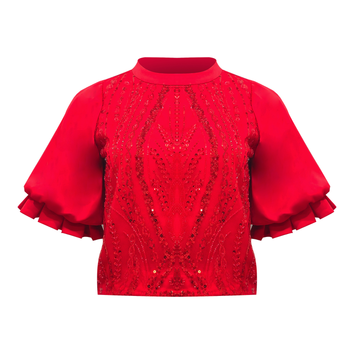 Signature Red ballon sleeve top in red with lace - 2MADISONAVENUE.COM