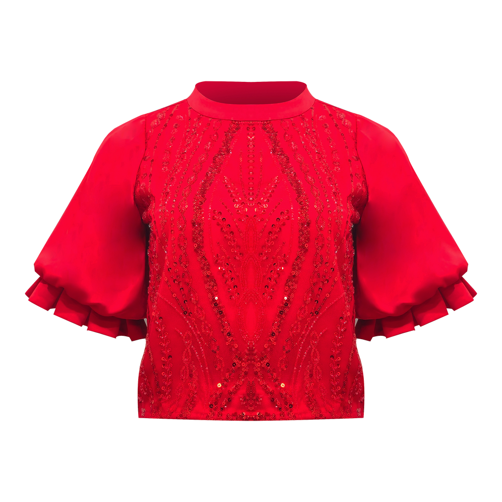 Central Celebration Ballon Sleeve Top in Red With Lace