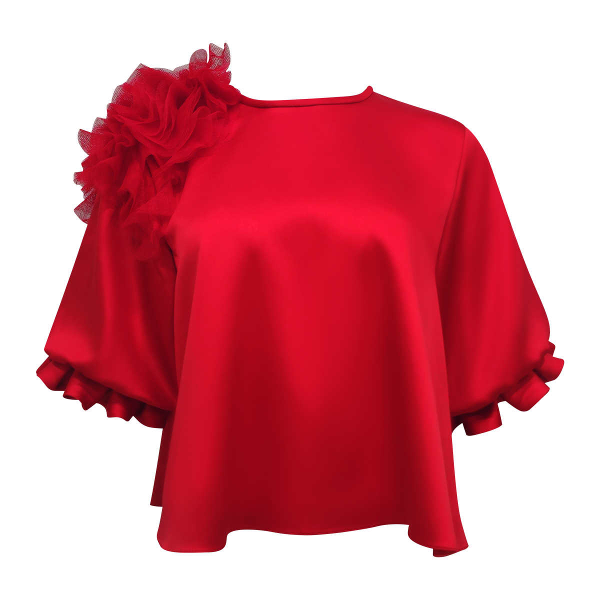 Signature Red sateen top with 3D applique - 2MADISONAVENUE.COM