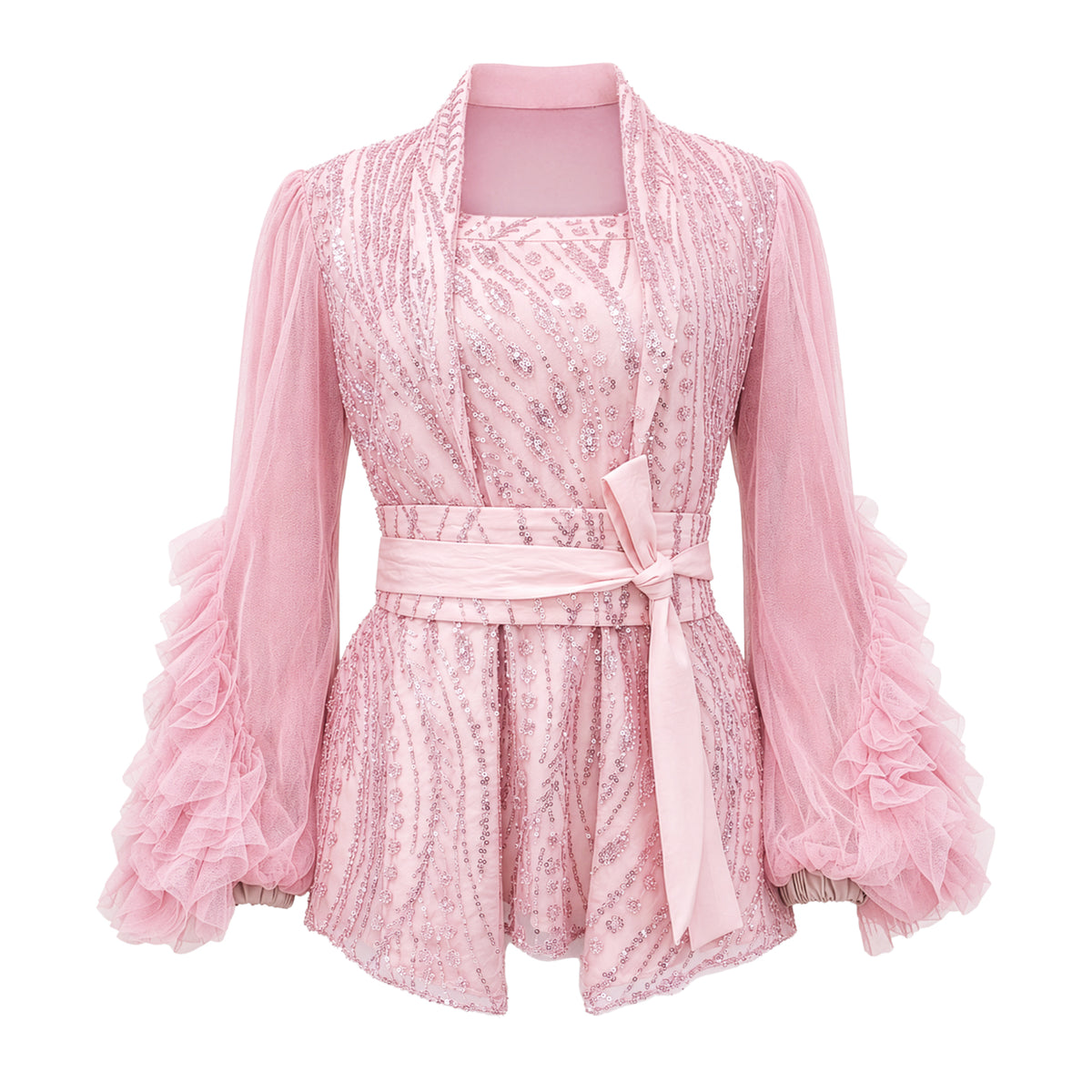 Kebaya encim twin set RS with obi belt (3 pcs) in pink lace - 2MADISONAVENUE.COM