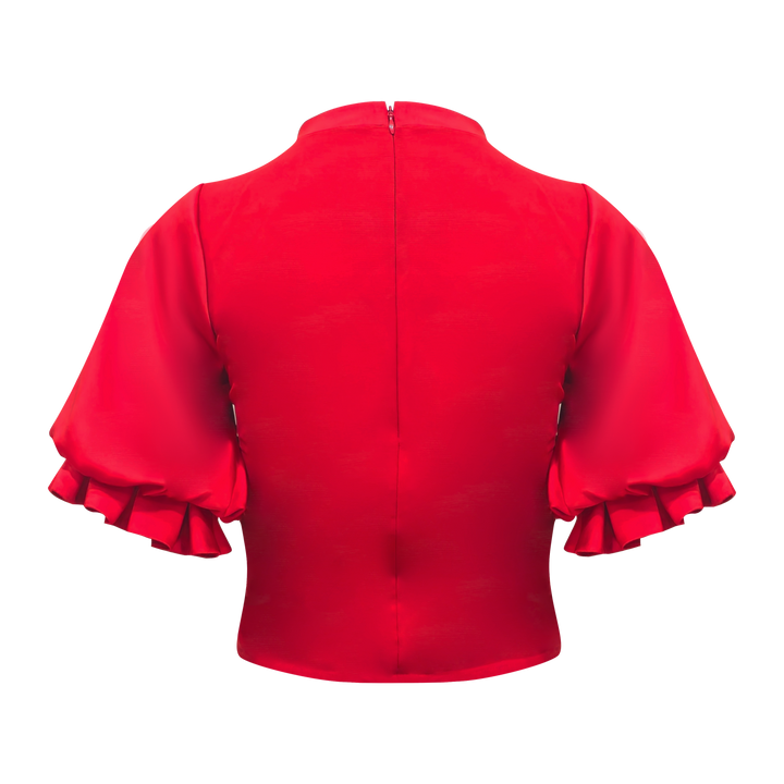 Signature Red ballon sleeve top in red with lace - 2MADISONAVENUE.COM