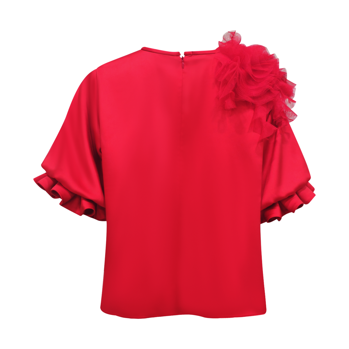 Signature Red sateen top with 3D applique - 2MADISONAVENUE.COM
