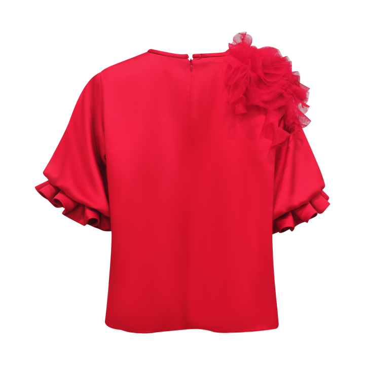 Signature Red sateen top with 3D applique - 2MADISONAVENUE.COM