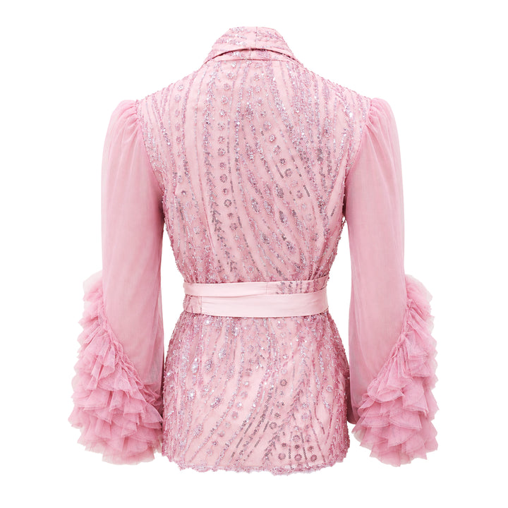Kebaya encim twin set RS with obi belt (3 pcs) in pink lace - 2MADISONAVENUE.COM