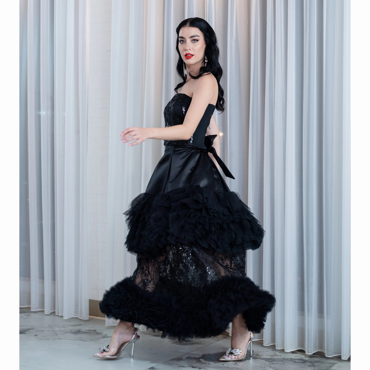 Jennifer Long ball Black tulle skirt with lace (7234160361495)