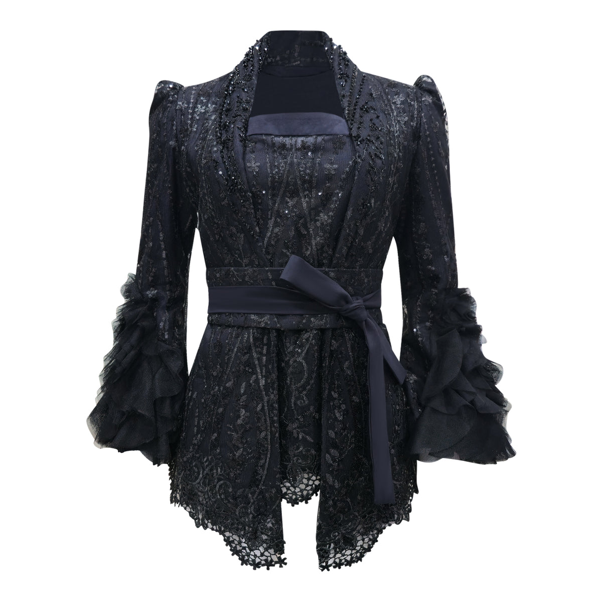 Kebaya encim twin set FS with obi belt (3 pcs) in black lace - 2MADISONAVENUE.COM
