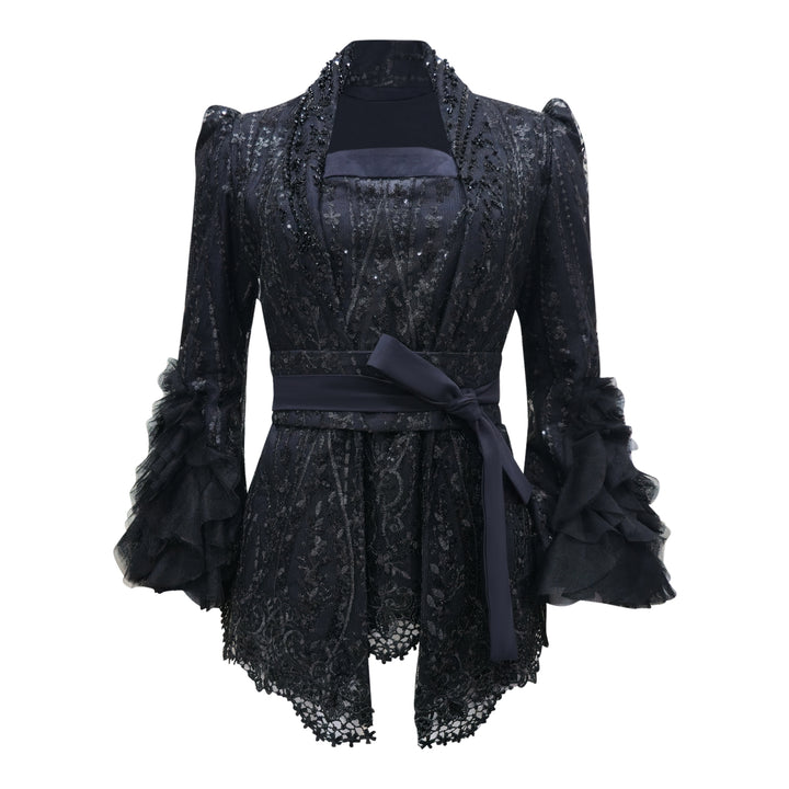 Kebaya encim twin set FS with obi belt (3 pcs) in black lace - 2MADISONAVENUE.COM
