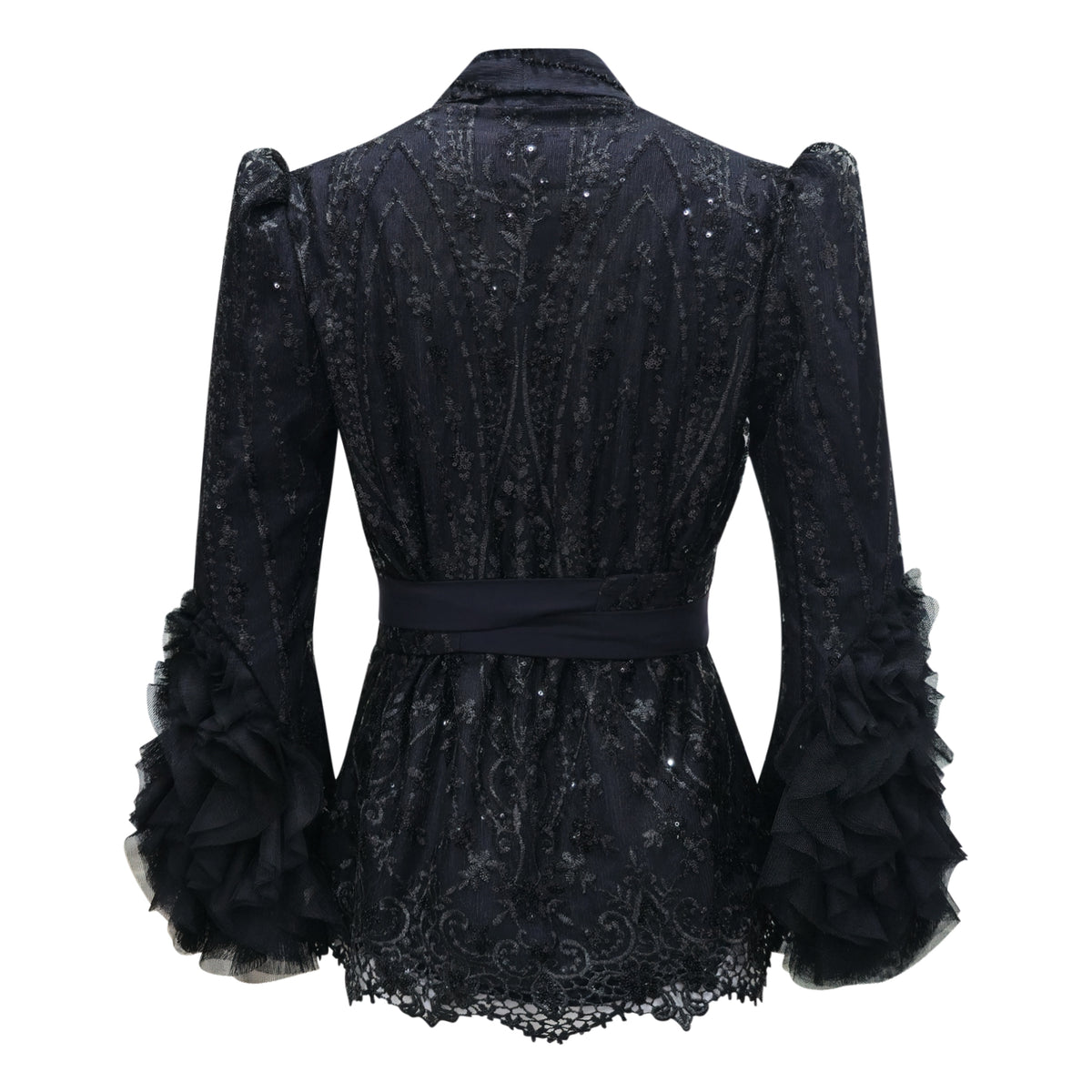 Kebaya encim twin set FS with obi belt (3 pcs) in black lace - 2MADISONAVENUE.COM