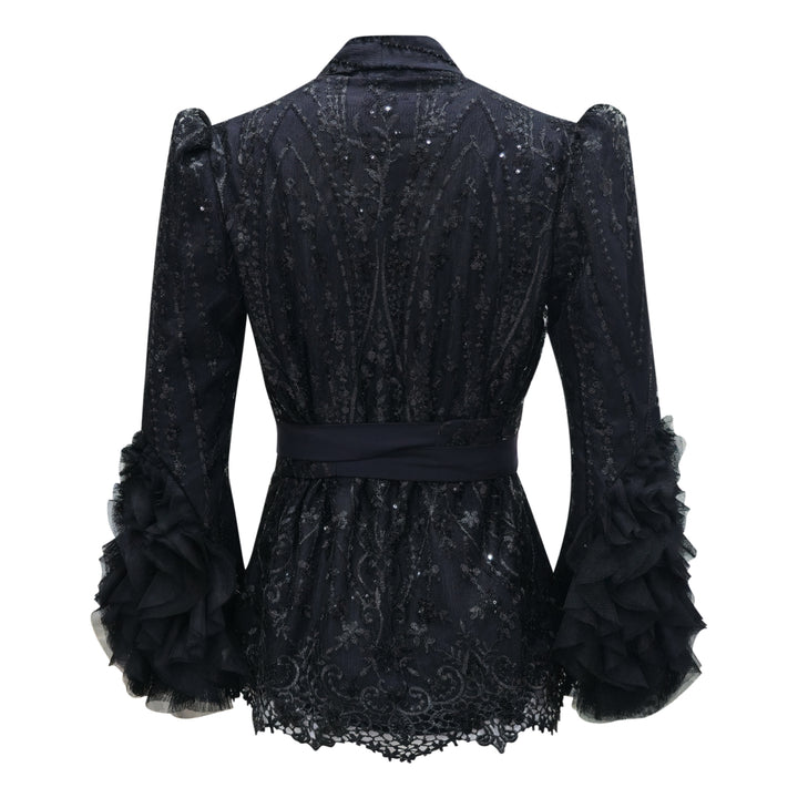 Kebaya encim twin set FS with obi belt (3 pcs) in black lace - 2MADISONAVENUE.COM