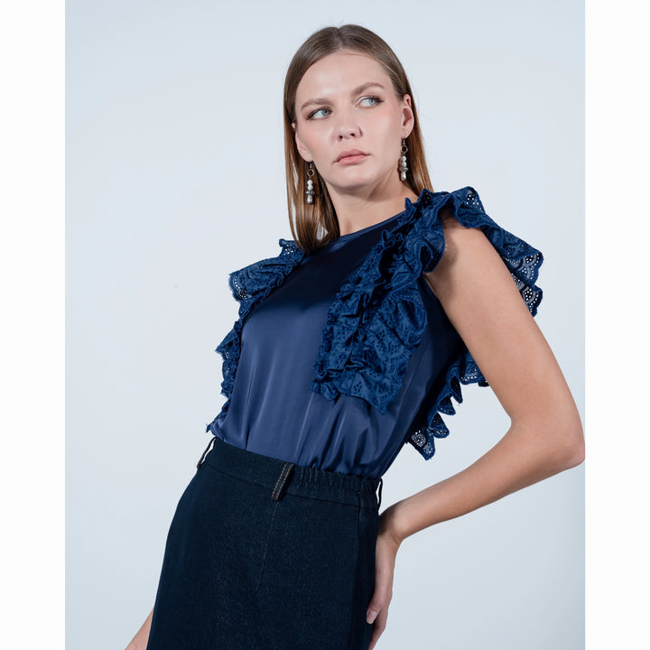 Timeless Pieces basic ruffle navy top (7665906778135)