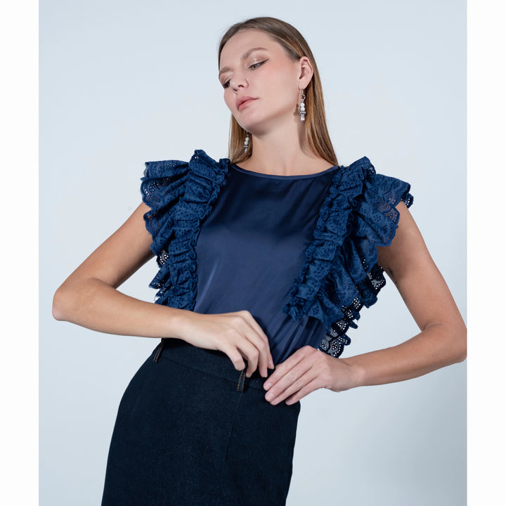 Timeless Pieces basic ruffle navy top (7665906778135)