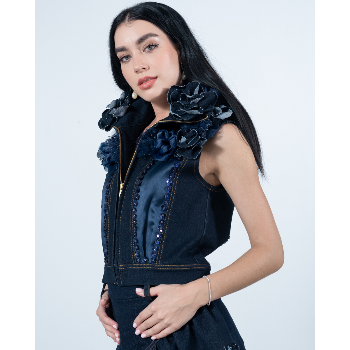 Signature Denim cropped fancy vest with roses patch (7666027397143)