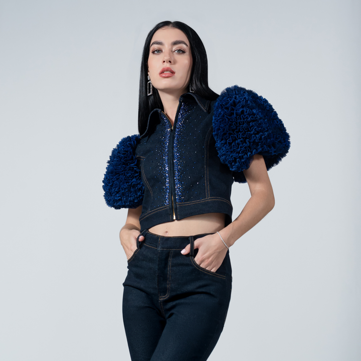 Signature Denim Glam Tulle Top with sequince (7665964908567)