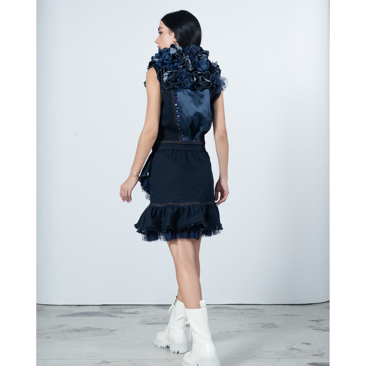 Signature Denim cropped fancy vest with roses patch (7666027397143)