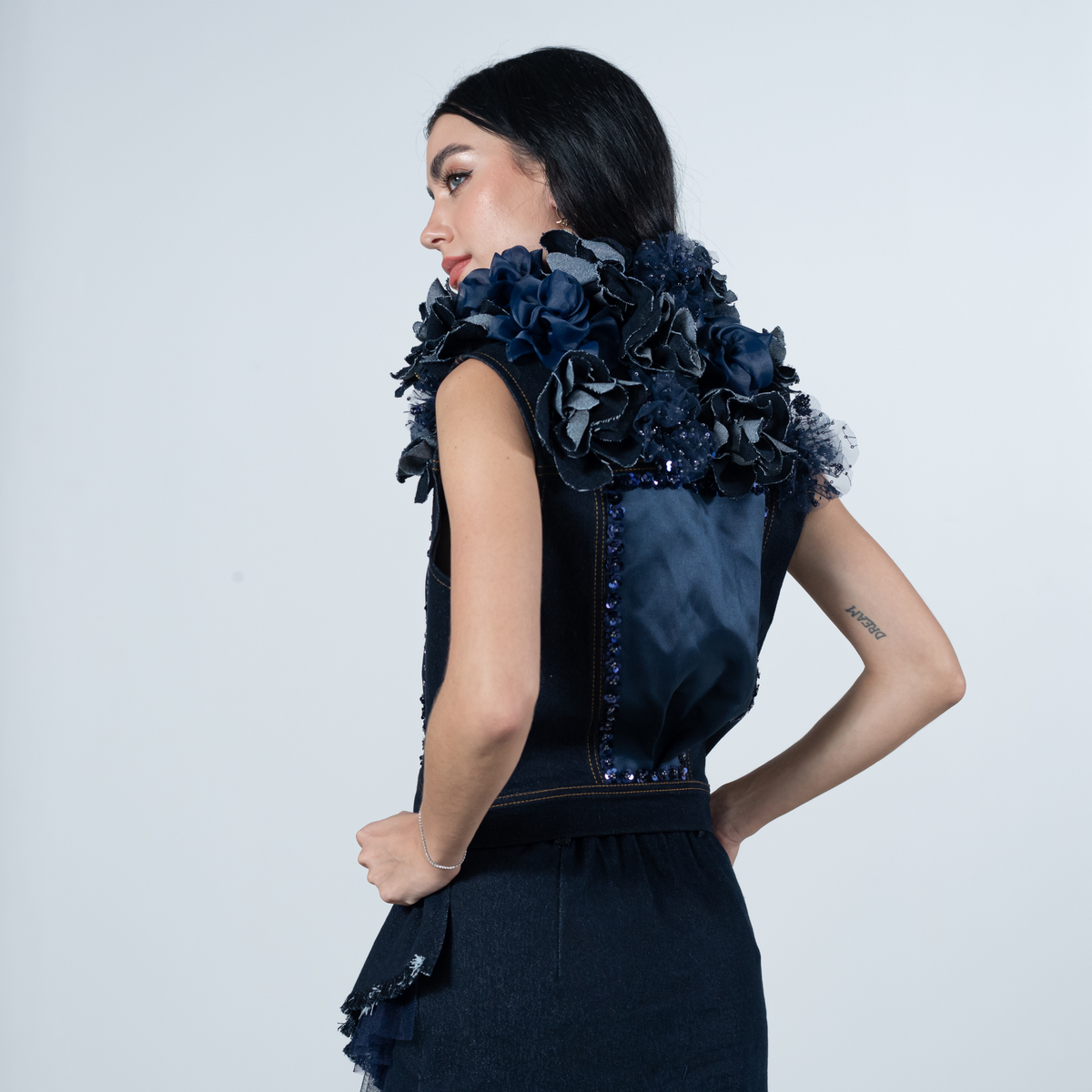Signature Denim cropped fancy vest with roses patch (7666027397143)