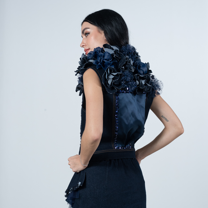 Signature Denim cropped fancy vest with roses patch (7666027397143)