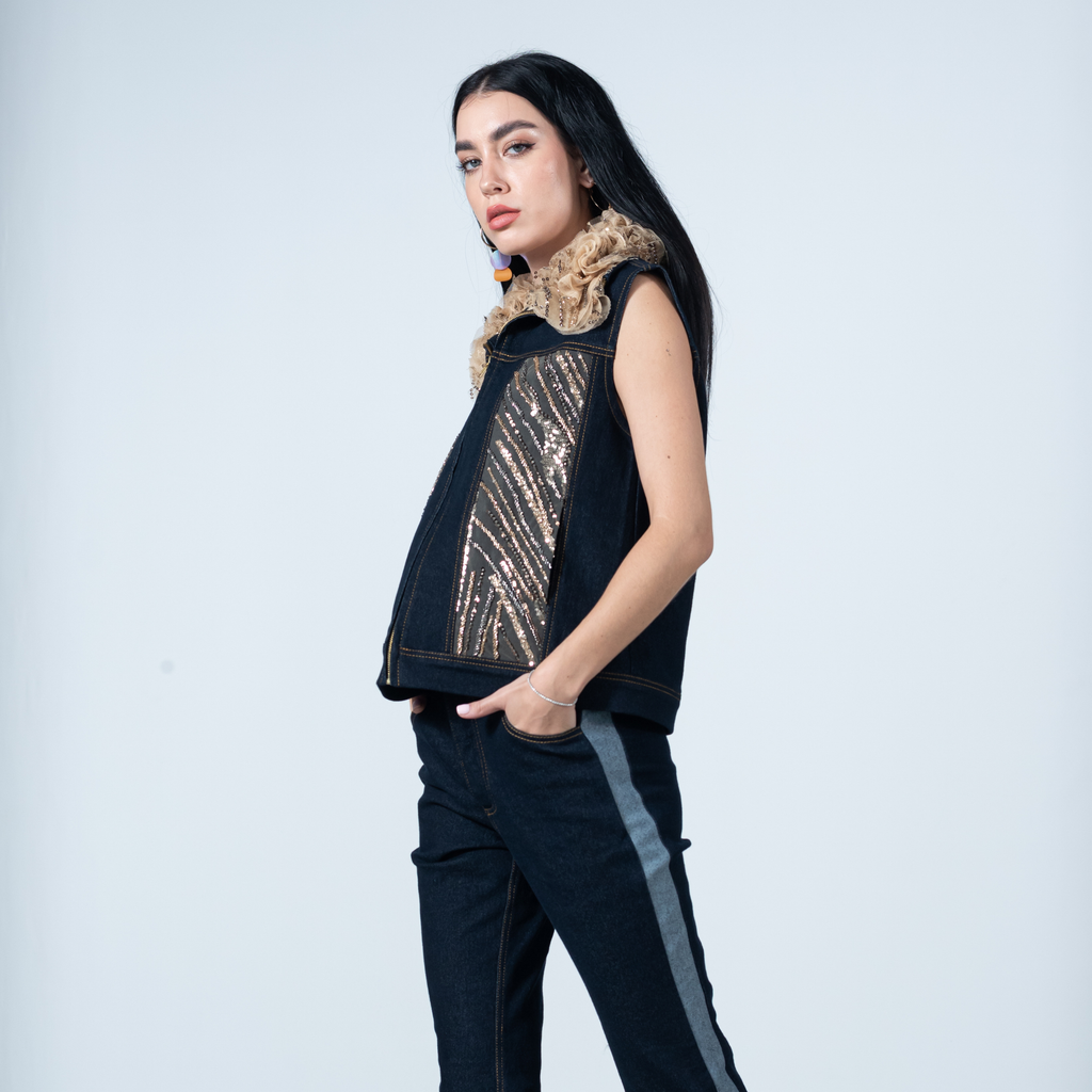 Timeless Pieces denim fancy vest in gold lace (7682023325719)