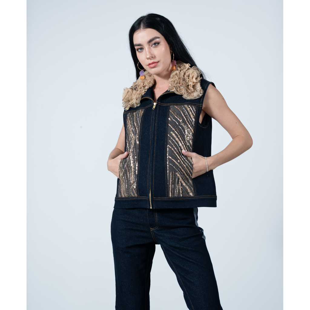 Timeless Pieces denim fancy vest in gold lace (7682023325719)