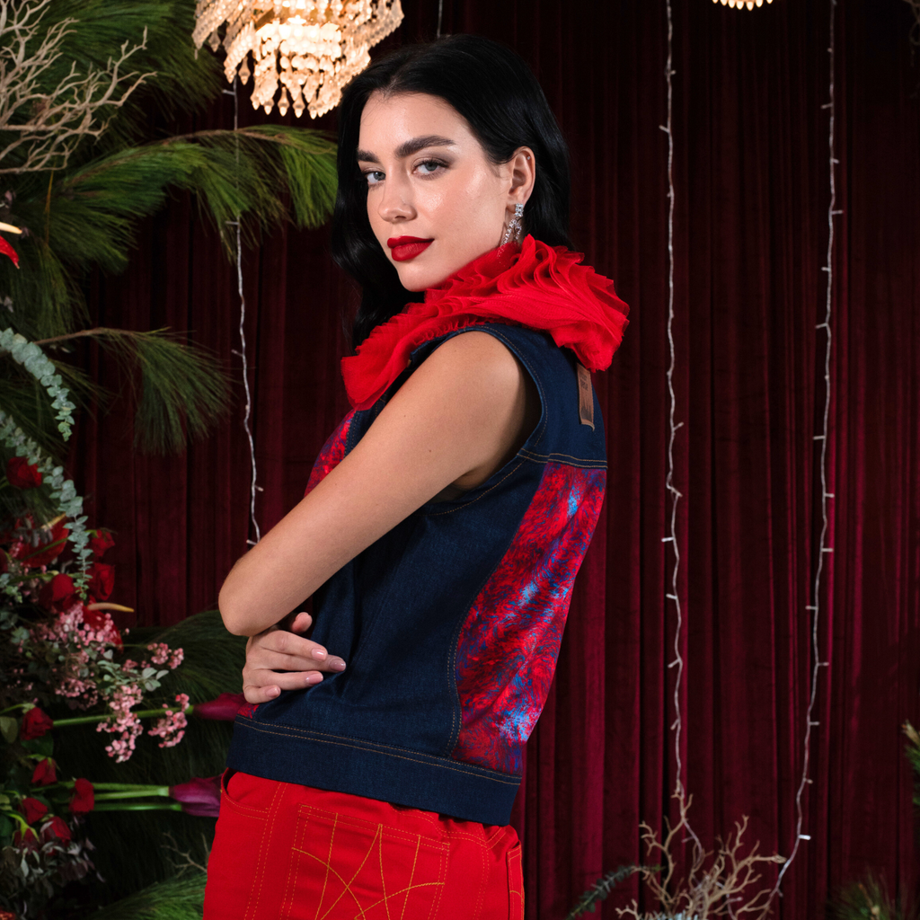 Abstract Red Blue denim fancy vest with Tulle