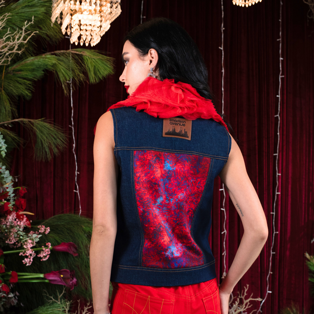 Abstract Red Blue denim fancy vest with Tulle