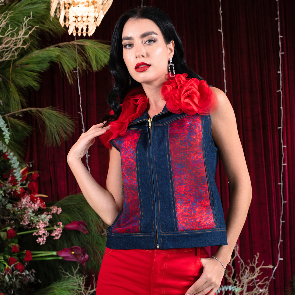 Abstract Red Blue denim fancy vest with Tulle