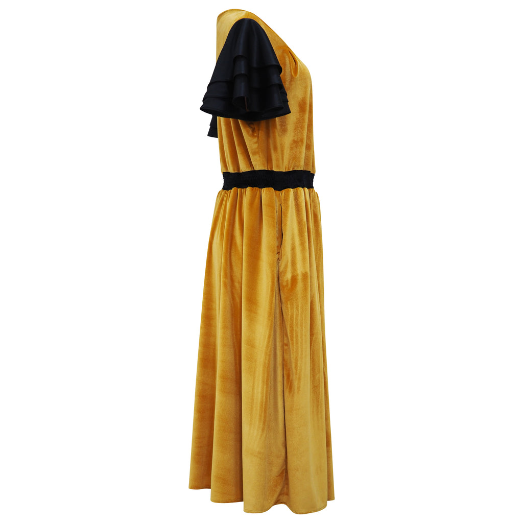 Curvy Hasna Yellow Velvet Medium Dress (6918690766871)
