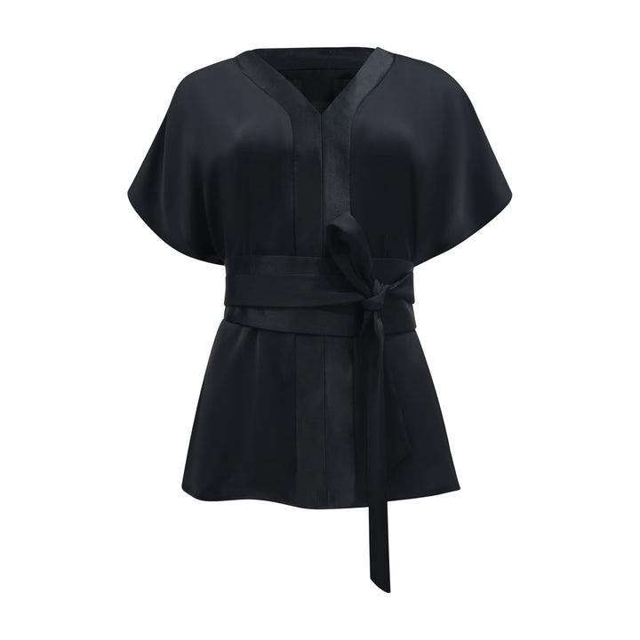Basic Sateen V-neck Top in Black (6859070537751)