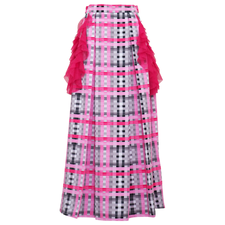 Becoming Gingham Grey Pink Kahlo Fancy Long Ball Skirt (6888024277015)