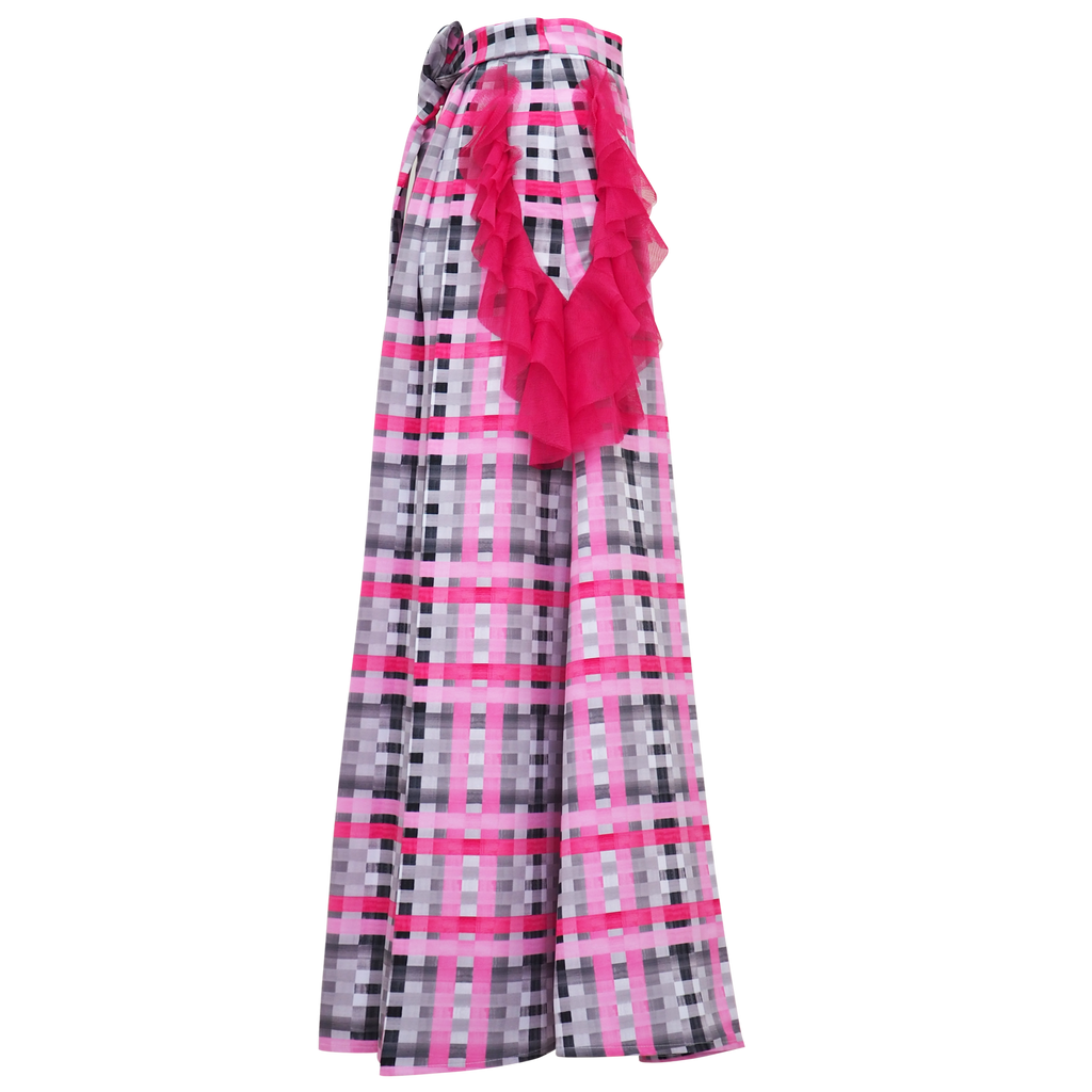 Becoming Gingham Grey Pink Kahlo Fancy Long Ball Skirt (6888024277015)