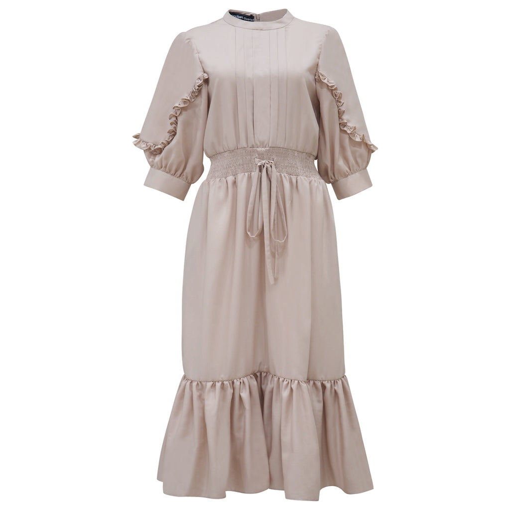 Hannah Romantic Mid-Length Beige Dress (6932201930775)