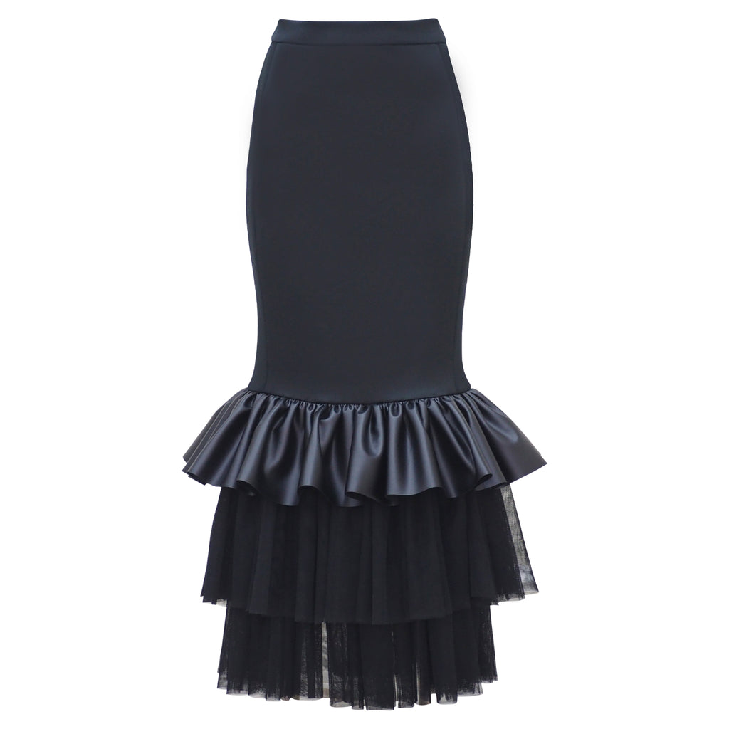 Carrie Skirt Long Black Leather with Tulle (6931847839767)