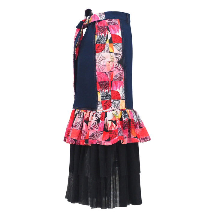 Central Abstract Red carrie long denim skirt (6978911666199)