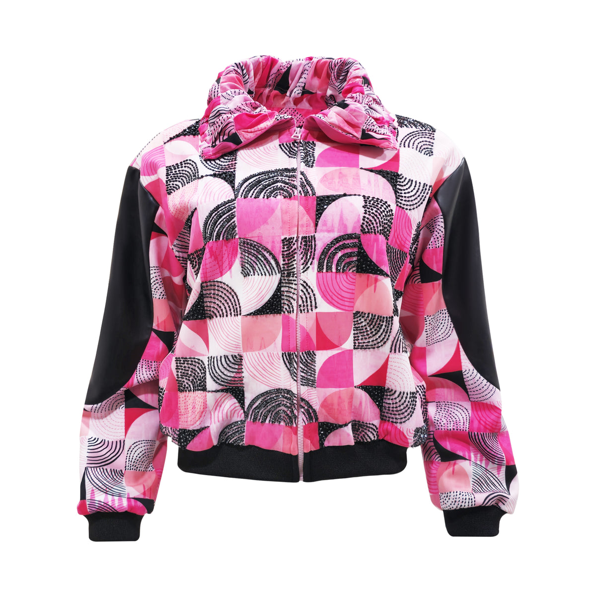 Central Abstract Pink varsity jacket in black sequince (7118313390103)