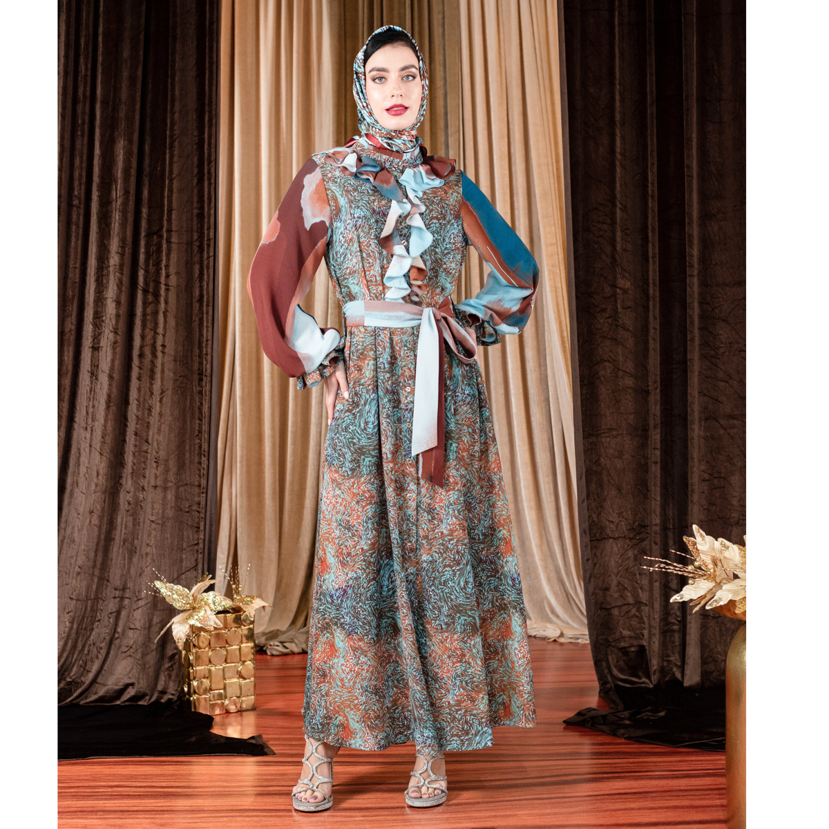 Bonita AP Blue Brown romanza long dress - 2MADISONAVENUE.COM