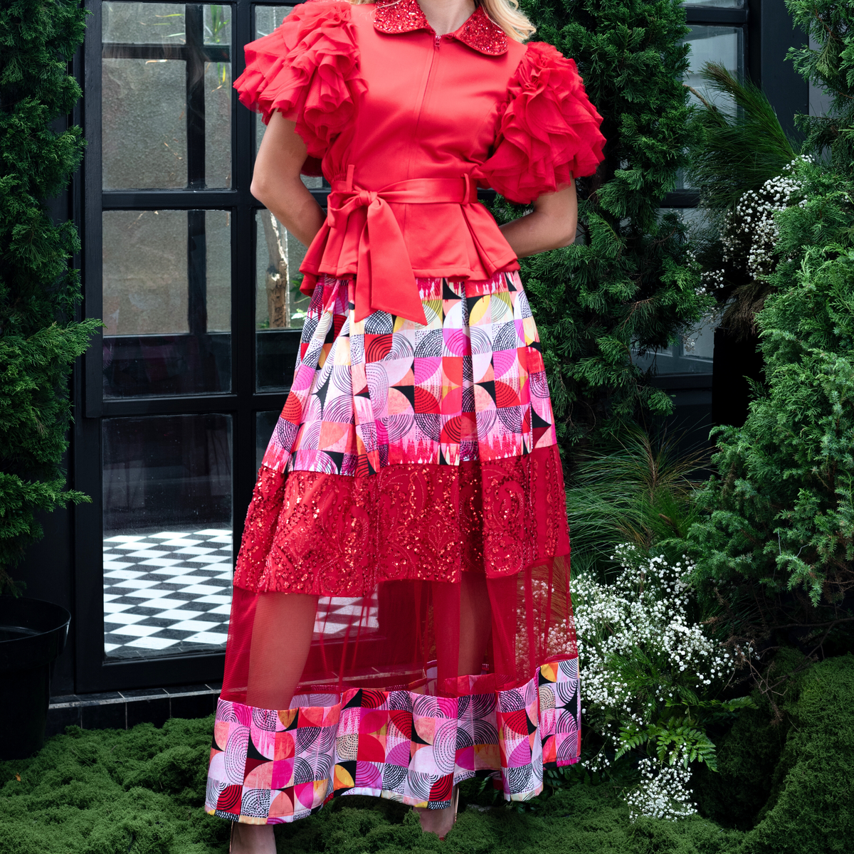 Central Abstract Red jennifer long skirt - 2MADISONAVENUE.COM