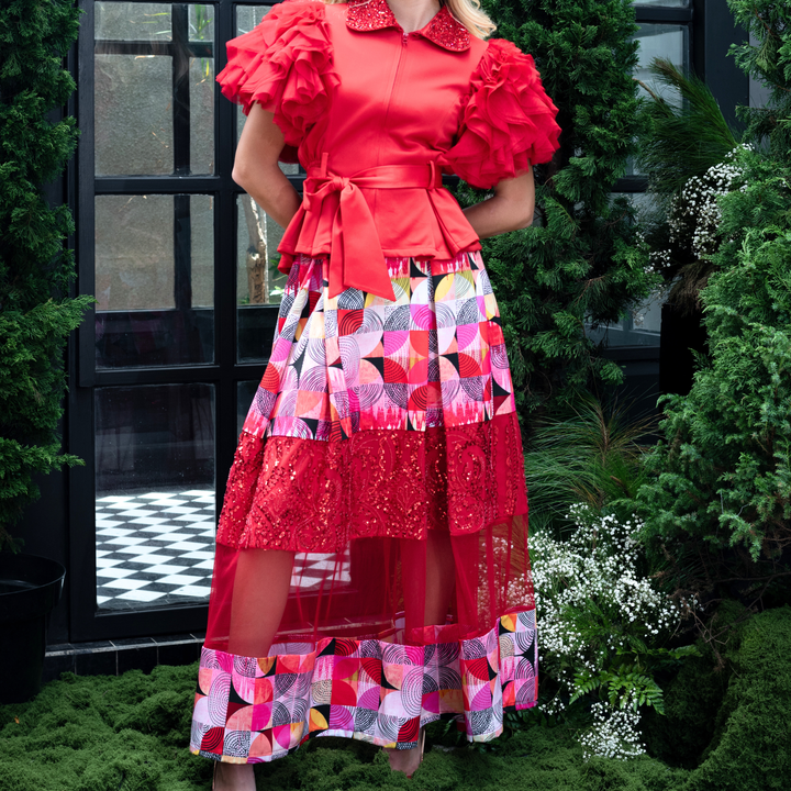 Central Abstract Red jennifer long skirt - 2MADISONAVENUE.COM
