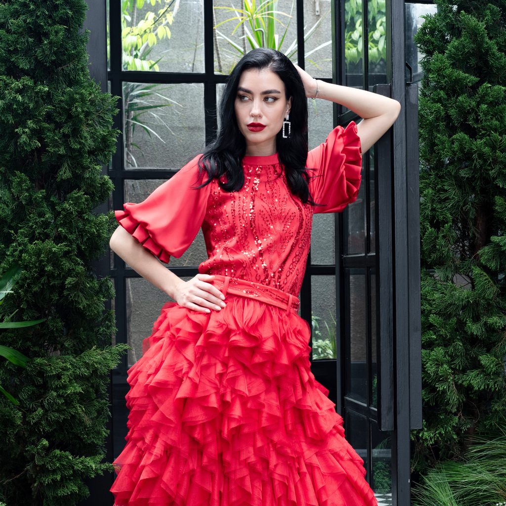 Central Celebration Ballon Sleeve Top in Red With Lace