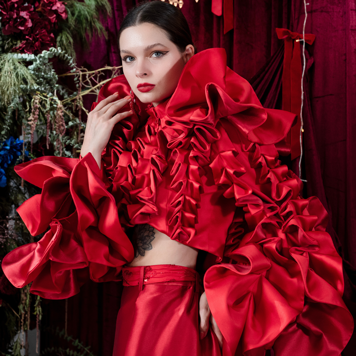 Signature Red destiny ruffle red jacket - 2MADISONAVENUE.COM
