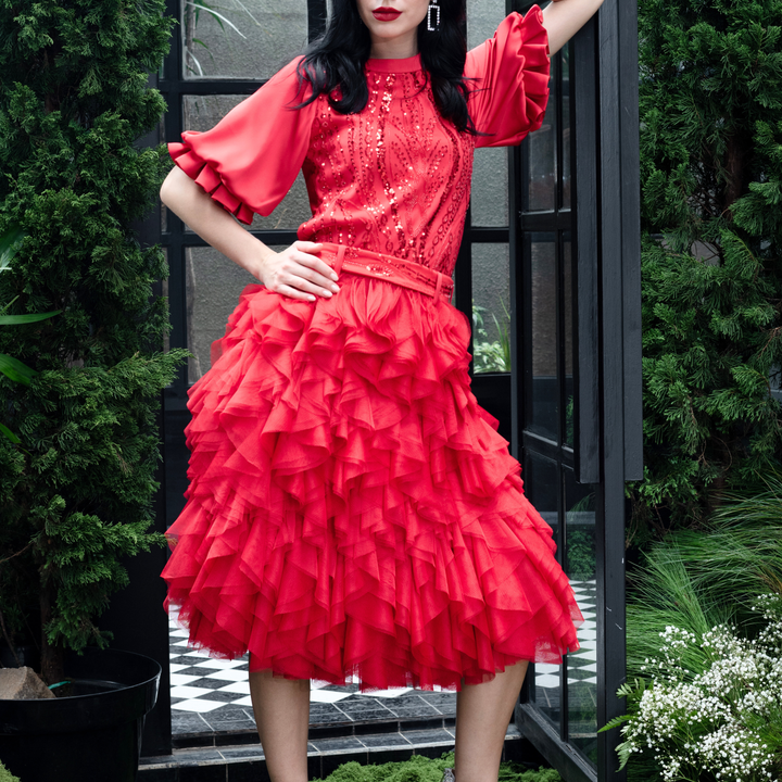 Signature Red english tulle curly red skirt - 2MADISONAVENUE.COM