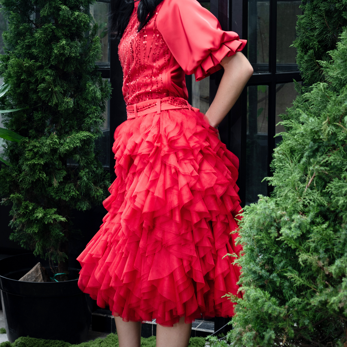 Signature Red english tulle curly red skirt - 2MADISONAVENUE.COM