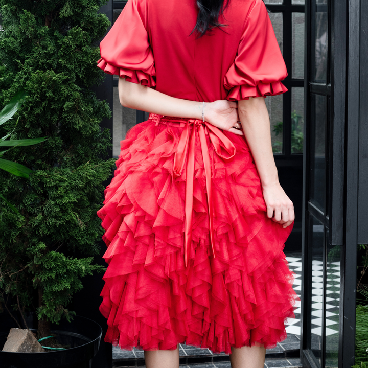 Signature Red english tulle curly red skirt - 2MADISONAVENUE.COM