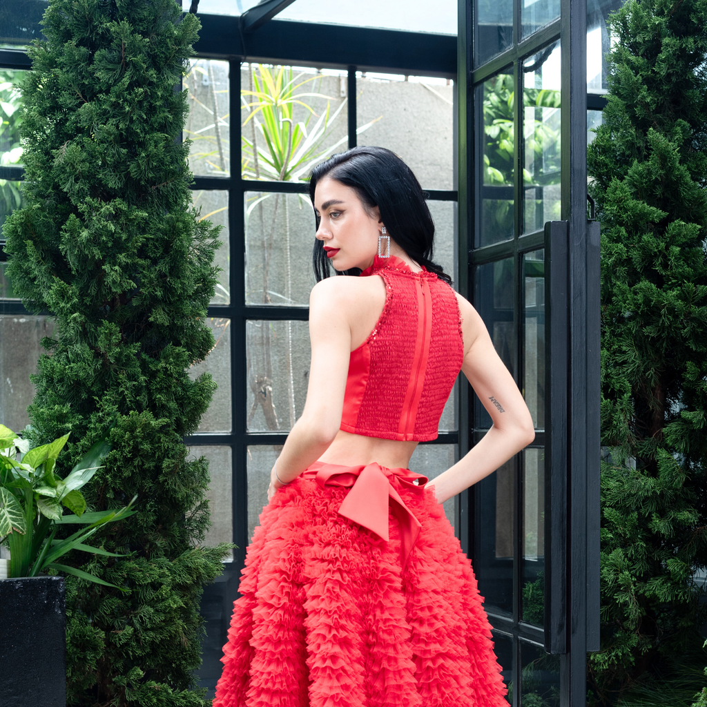 Central Celebration Halter Cropped Top With Sequince Red