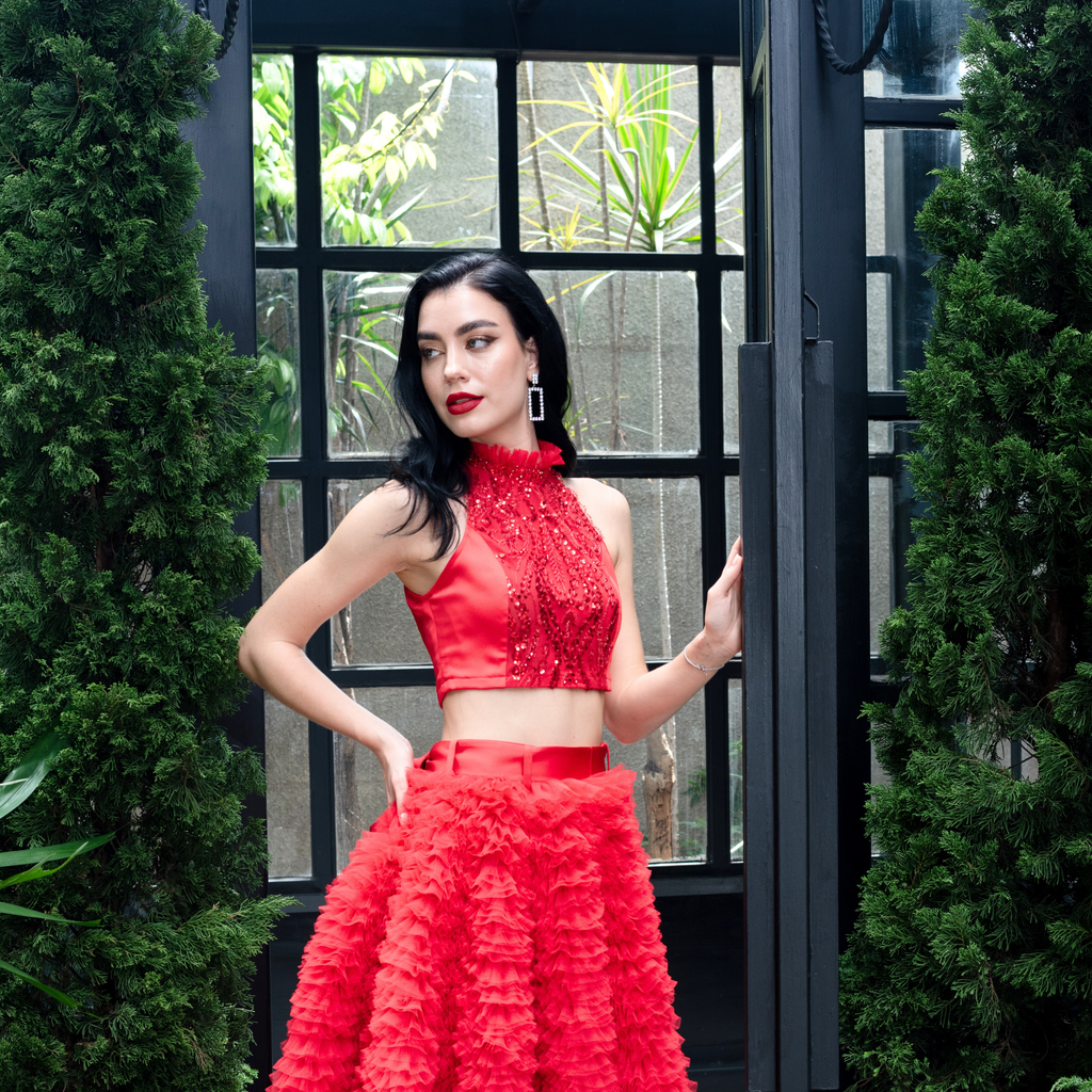 Central Celebration Halter Cropped Top With Sequince Red