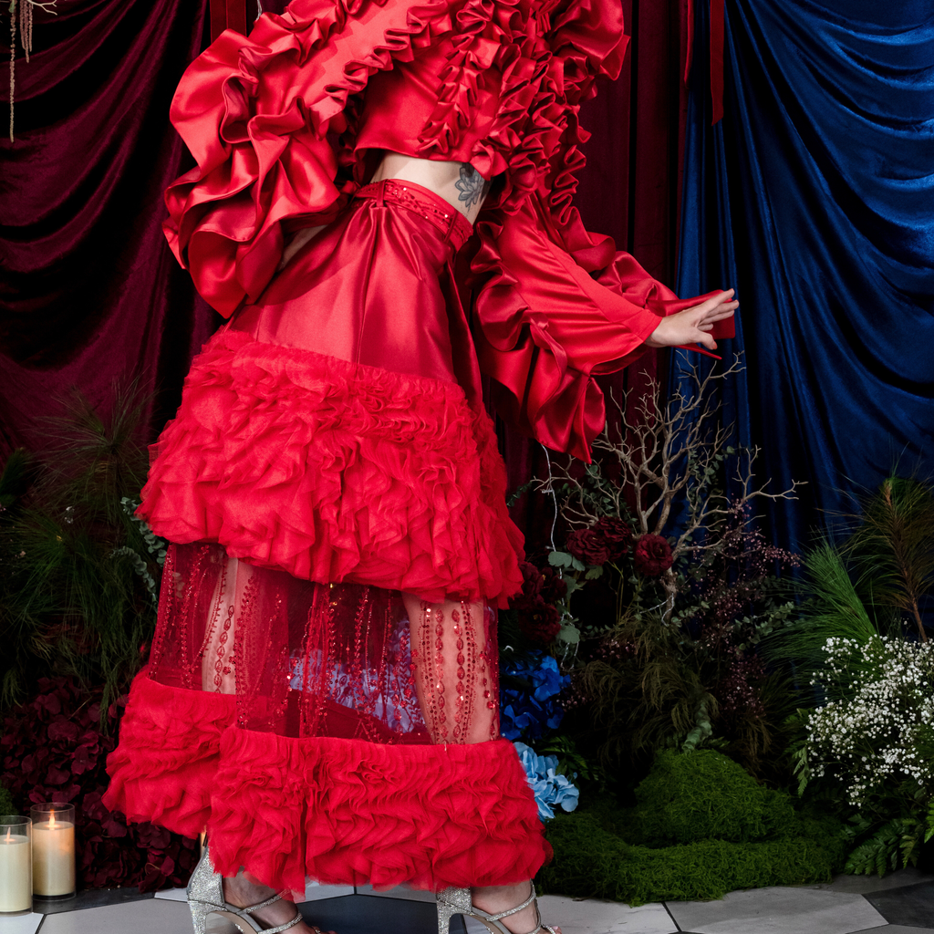 Central Celebration Jennifer Long ball Red Tulle Skirt with Lace