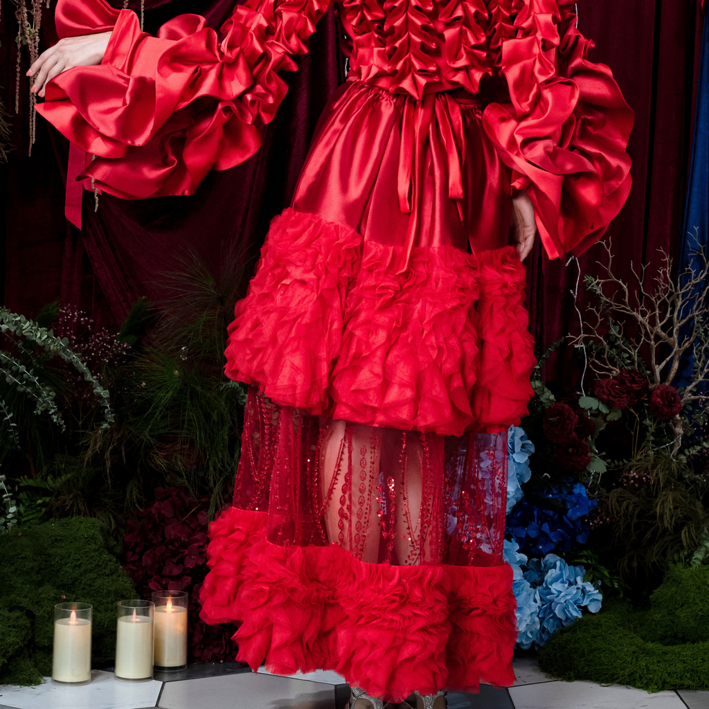 Central Celebration Jennifer Long ball Red Tulle Skirt with Lace